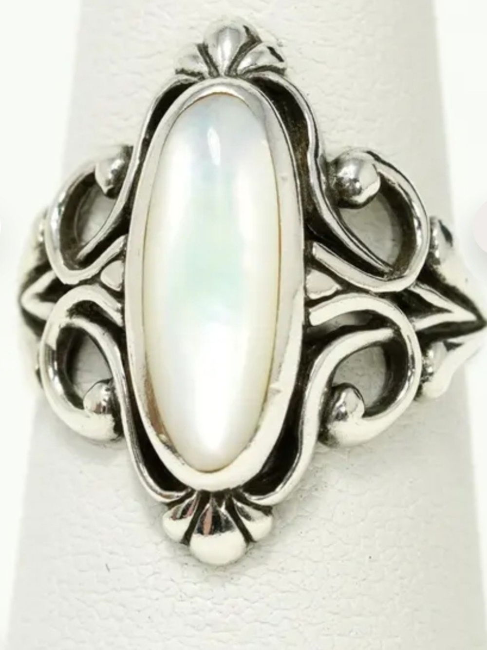 Vintage Kabana Sterling Silver Mother of Pearl Filigree Scroll Ring Sz 8